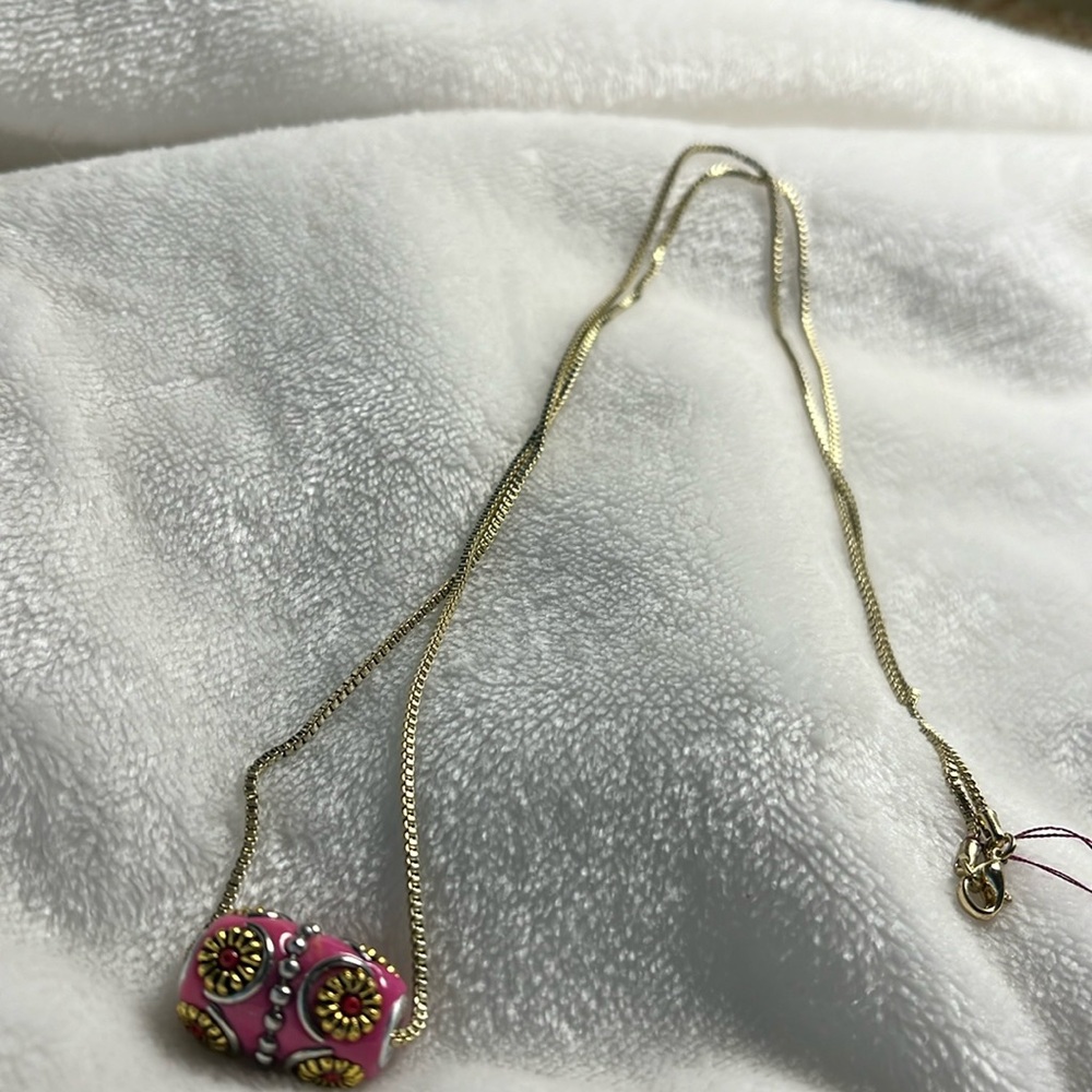 Necklace upcycle pink bead/pendant lampwork handmade bead on goldtone long chain